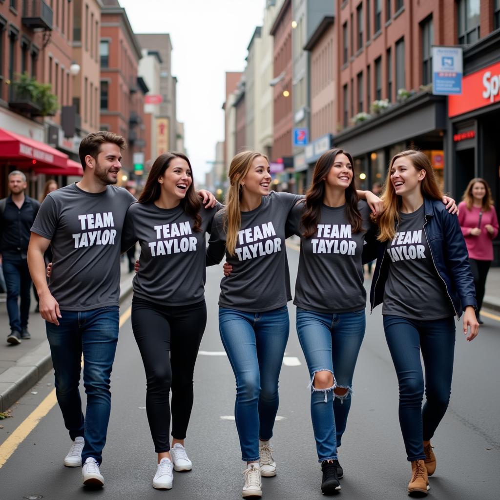 Group of friends laughing and walking down a city street, all wearing different Team Taylor shirts