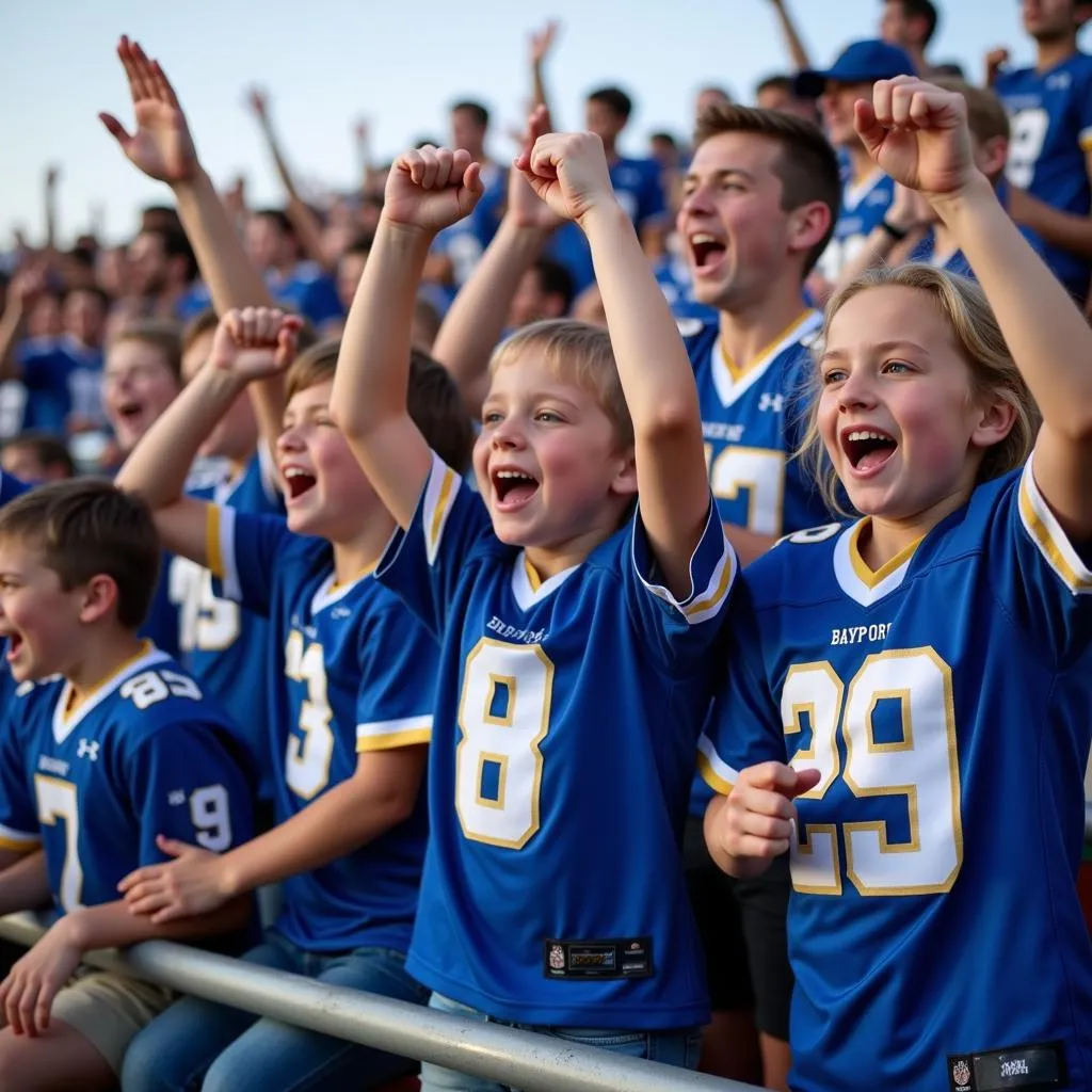 A group of excited fans sporting Bay Port Football jerseys cheer enthusiastically during a game.