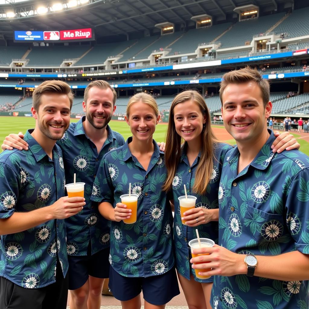 A group of friends smiling and posing for a photo at Mariners Hawaiian Shirt Night