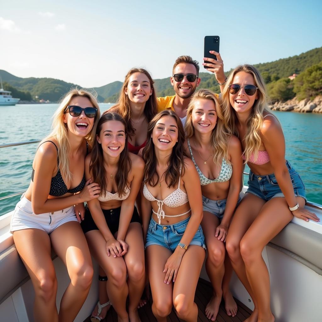 Friends having fun and taking selfies while sitting on open bow seats