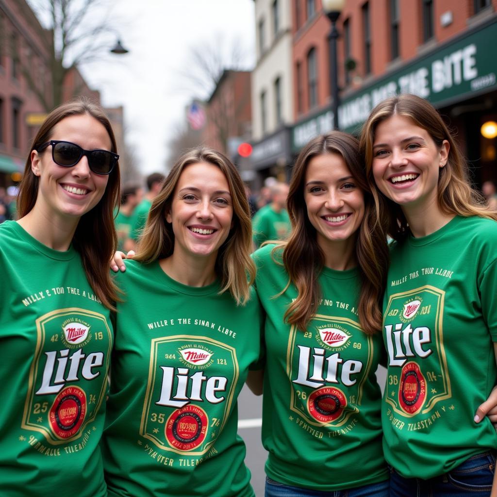 Friends wearing matching Miller Lite St. Patty's Day shirts at a St. Patrick's Day parade