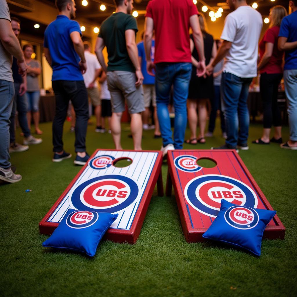 A group of friends enjoying a Chicago Cubs themed cornhole tournament