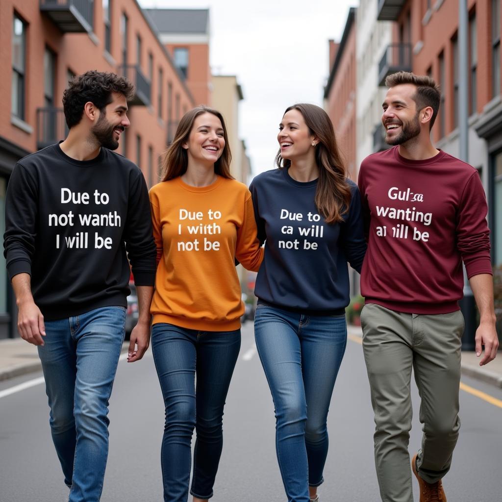 Group of friends laughing while wearing "Due to not wanting to I will not be" sweatshirts