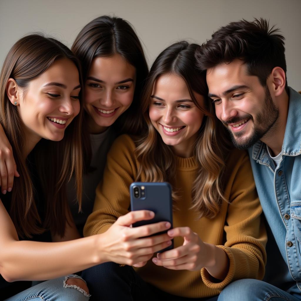 Group of friends gathered around a phone, seemingly amused by something they see online.