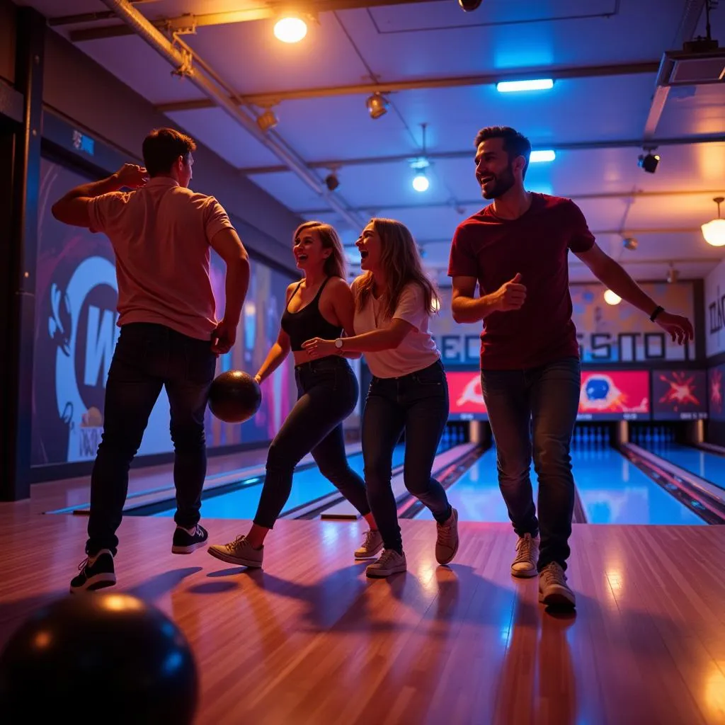 Group of friends playing bowling together