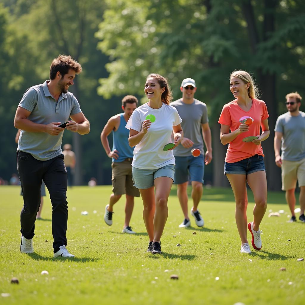 A group of friends playing disc golf together.