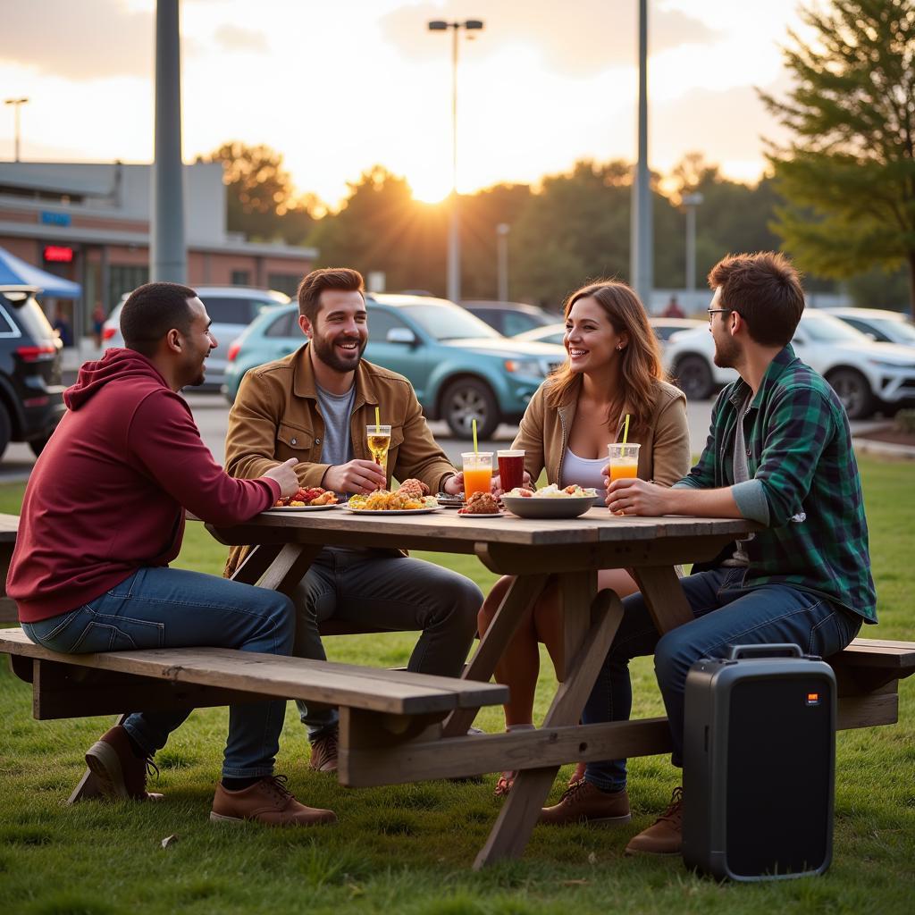 Group of friends enjoying a tailgate party with a Bluetooth speaker