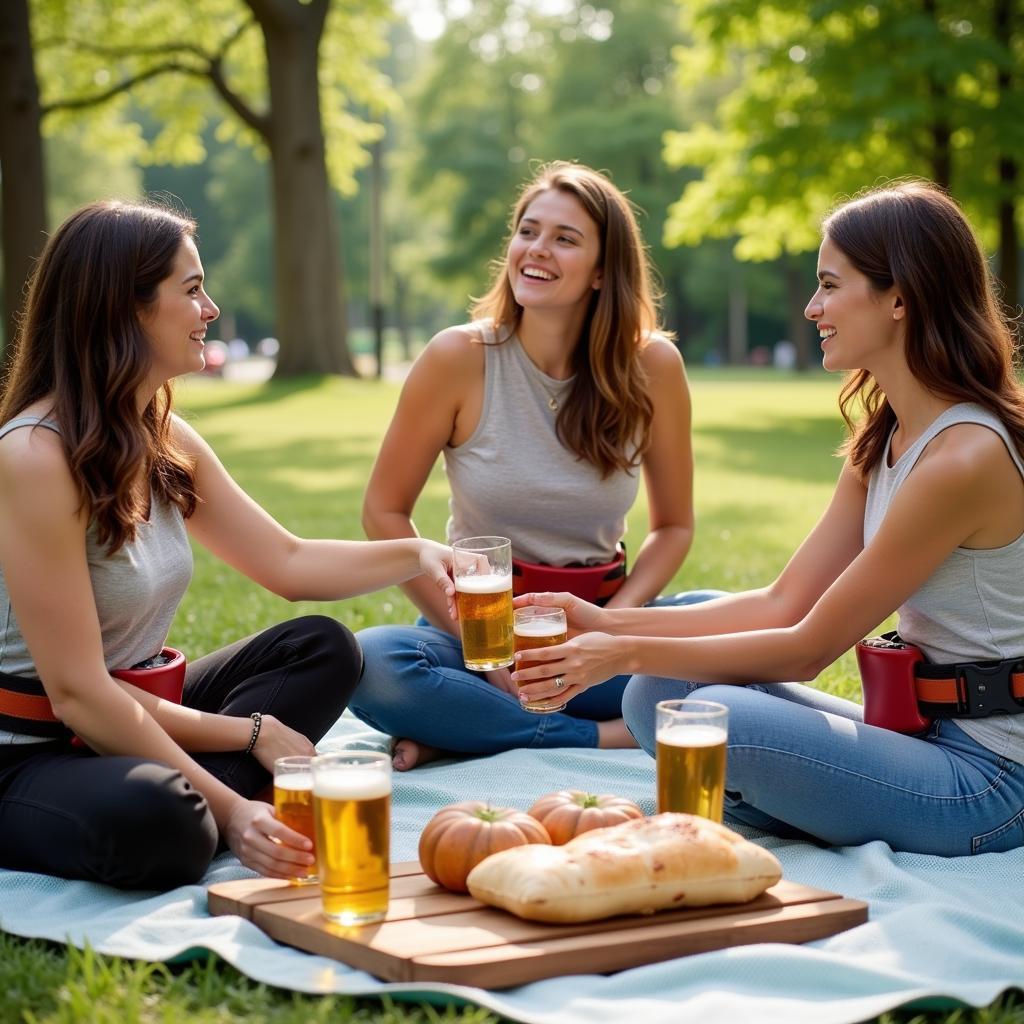 Group of friends enjoying a picnic with their drinks secured in beer holder belts