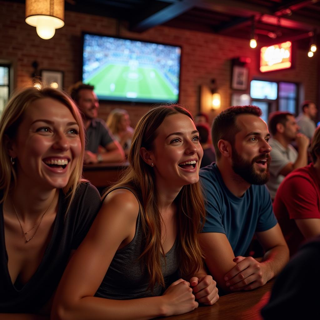 A group of friends watching a football game at a sports bar in Texas, cheering and enjoying the game