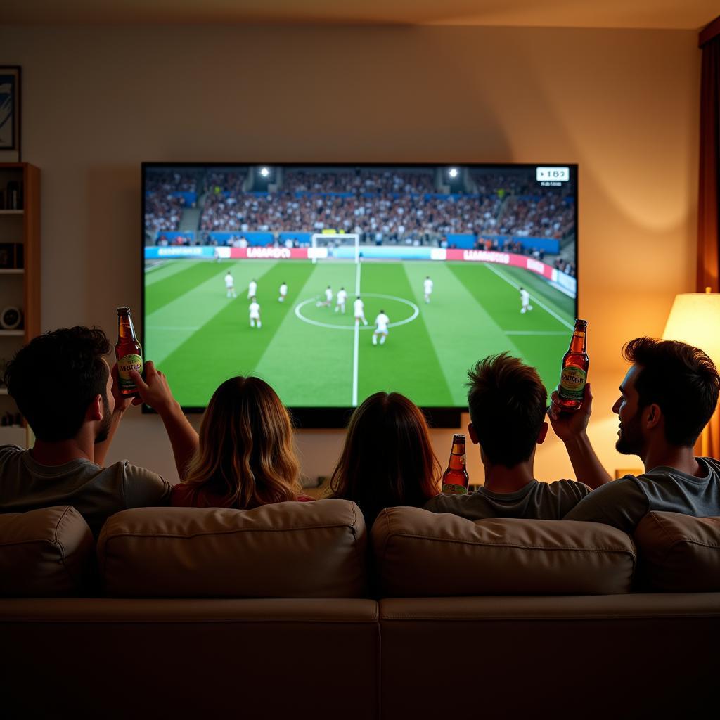 Group of friends enjoying a football match at home