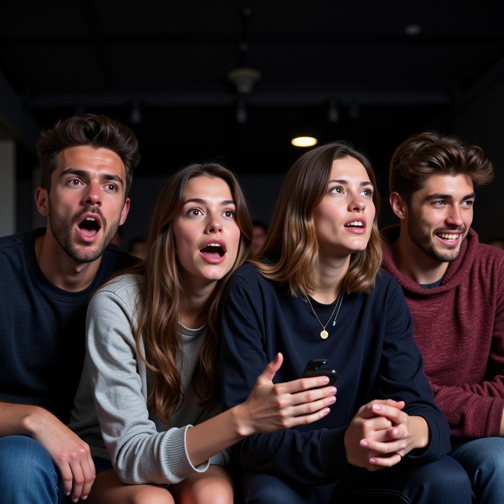 A group of friends gathered together, excitedly watching a football match on TV