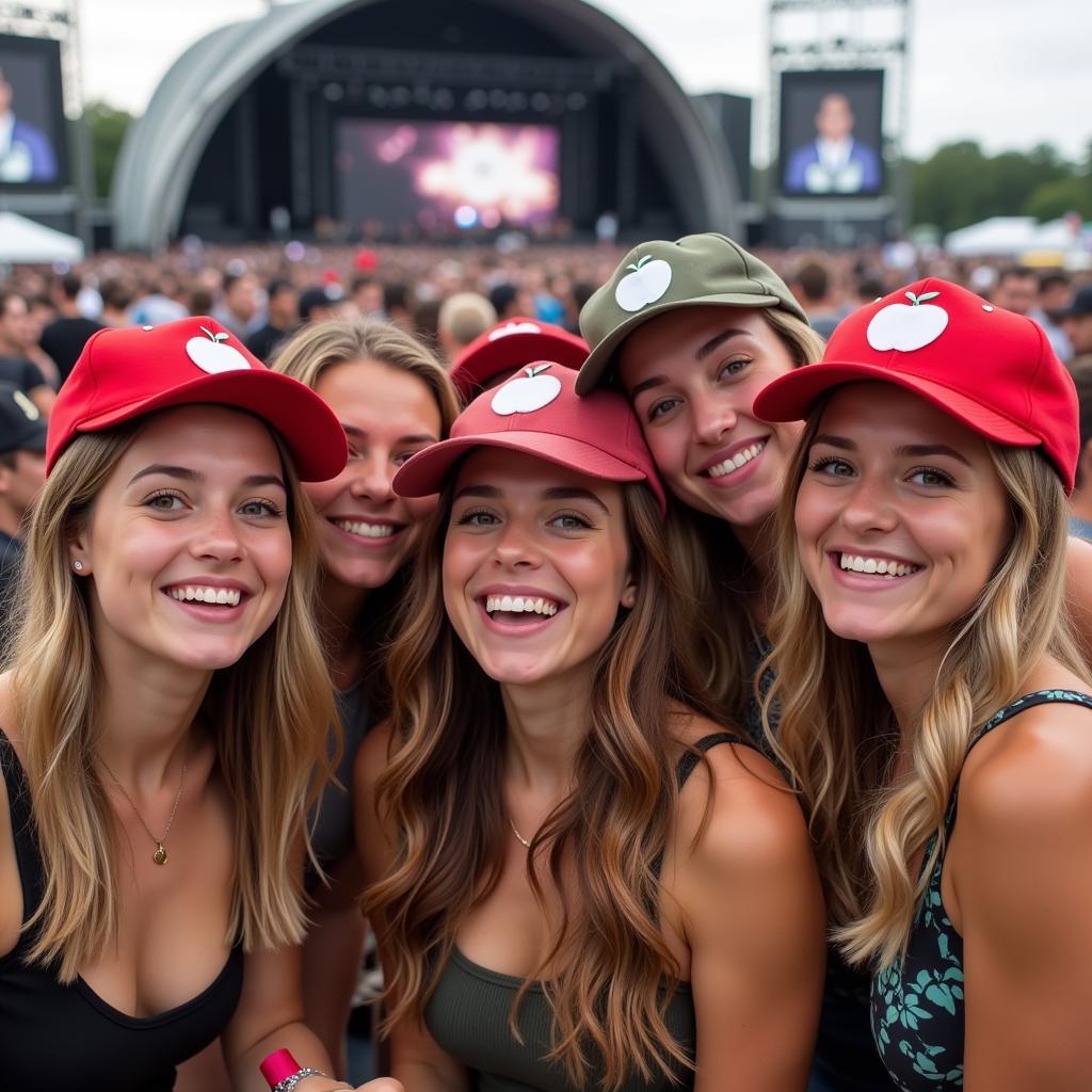 Group of friends laughing and wearing apple Yankee hats at a music festival.