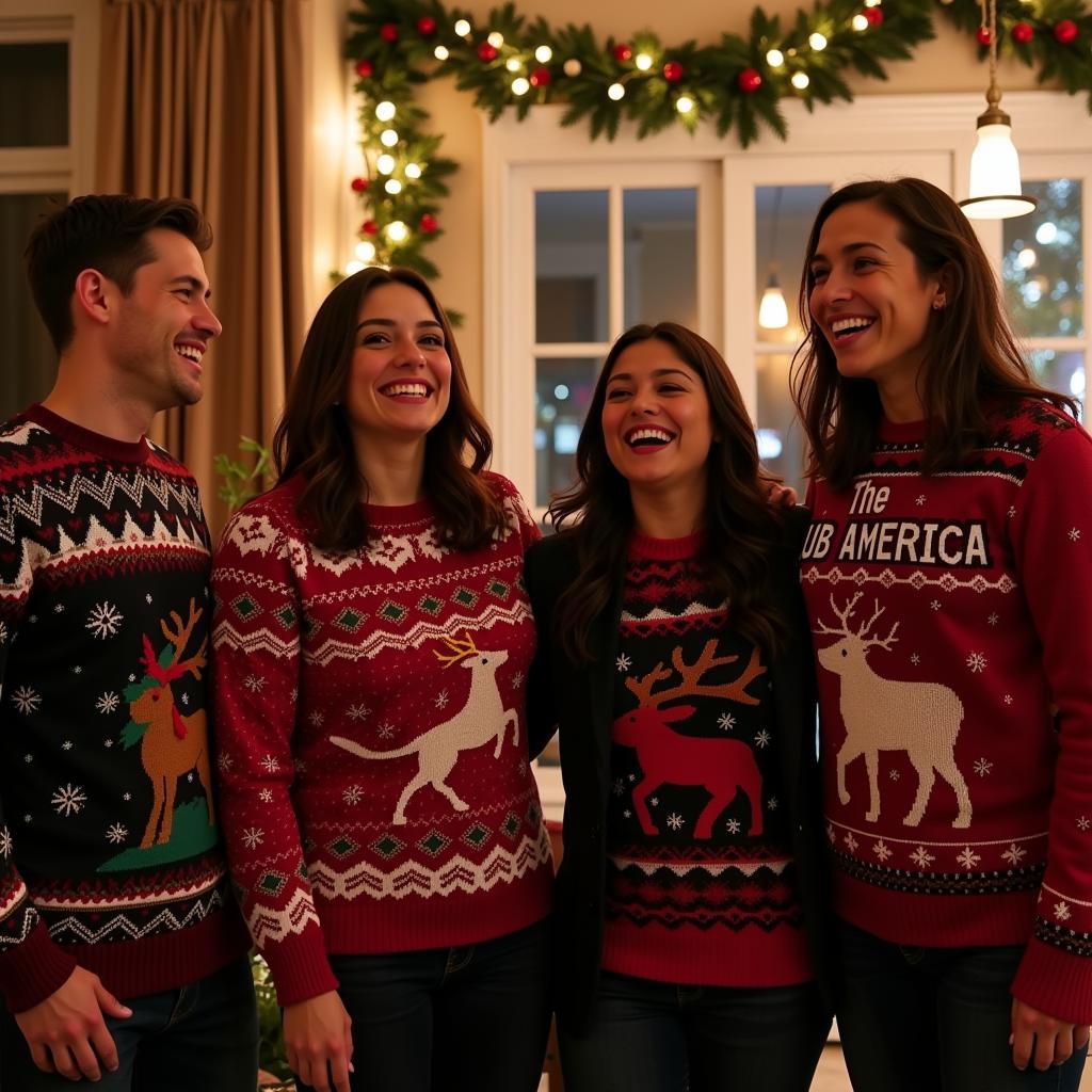 Group of Friends Wearing Club America Ugly Sweaters at a Holiday Party