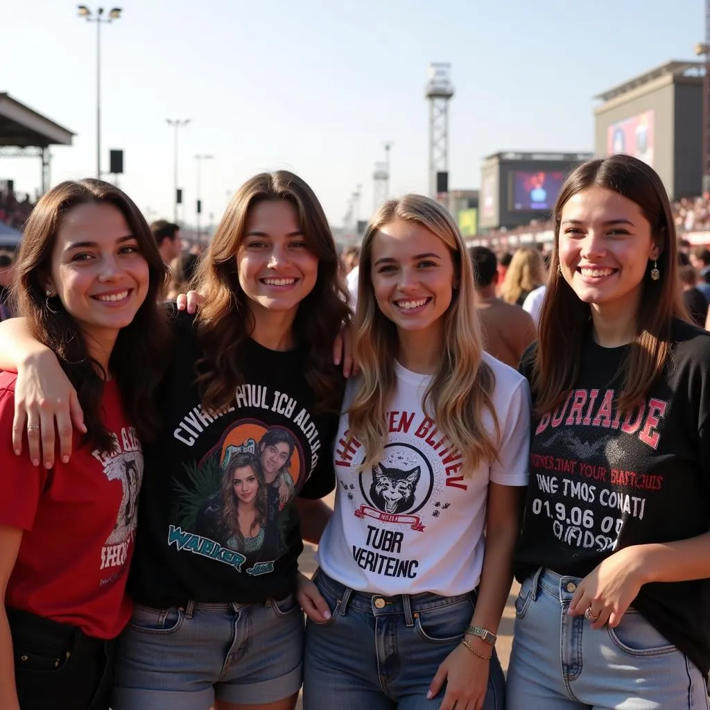 Group of friends wearing concert t-shirts at a music festival