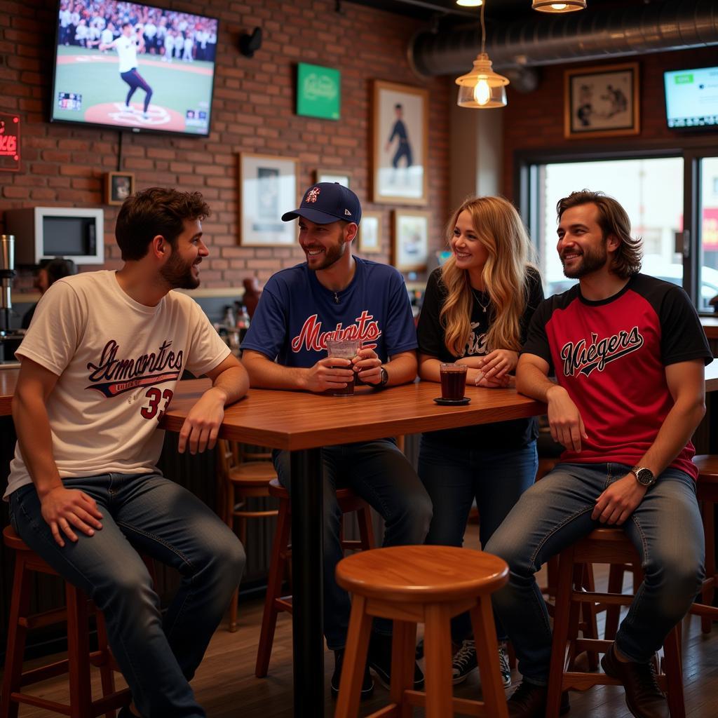 Group of friends wearing fantasy baseball shirts at a bar