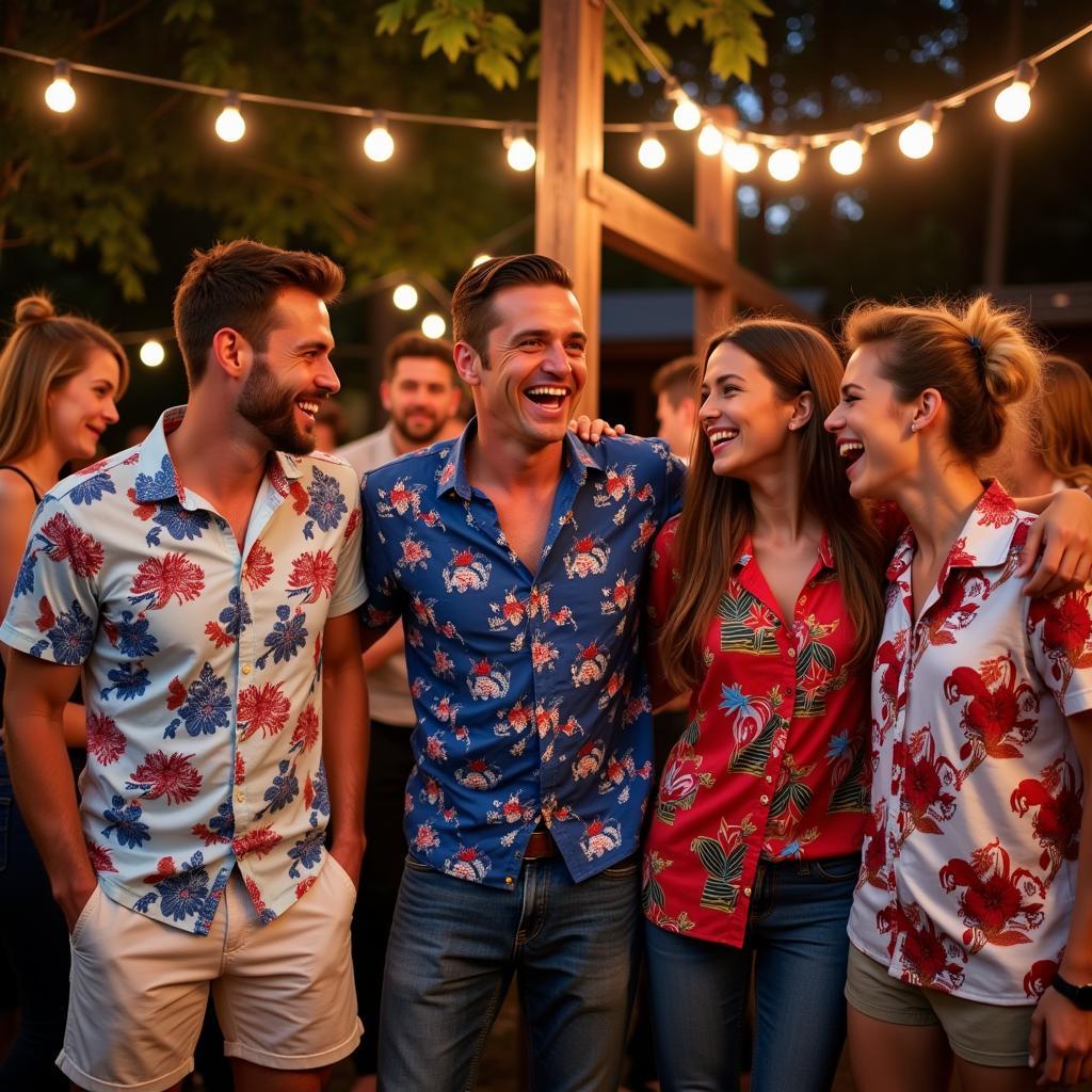 Group of Friends Wearing Fourth of July Hawaiian Shirts 