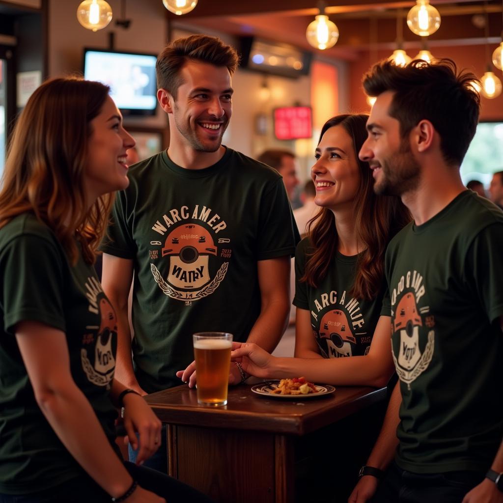 A group of friends enjoying drinks at a bar, all wearing matching beer removal service t-shirts, laughing and having a good time.