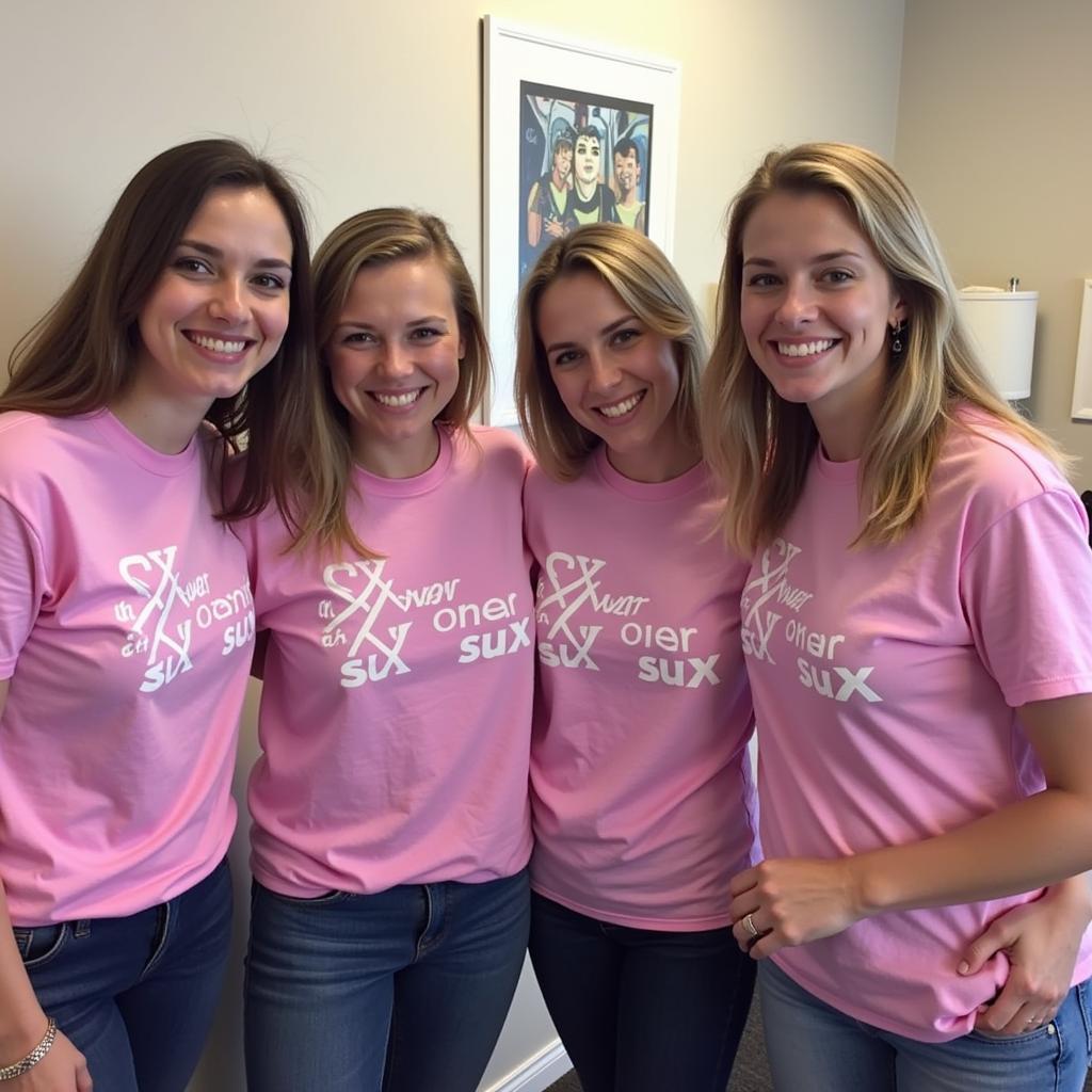 A group of friends smiling and showing off their matching "cancer sux" t-shirts.