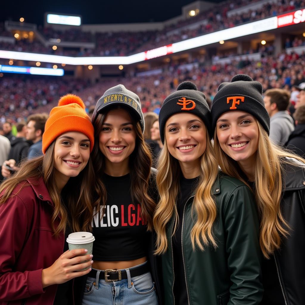 A group of friends enjoying a baseball game, all sporting "It's Miller Time" hats.