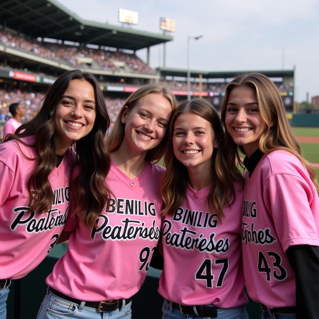 Group of Friends Wearing Matching Pink and Black Jerseys at a Baseball Game