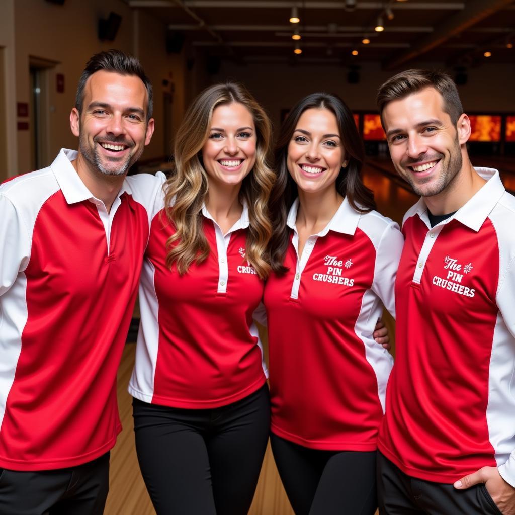 Friends wearing red and white bowling shirts