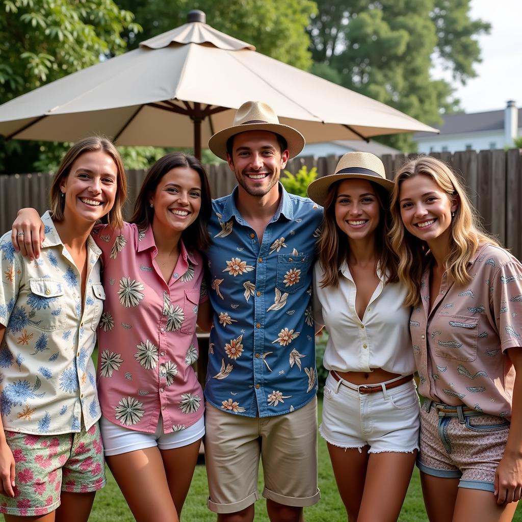 Group photo of friends at a party, all wearing different yacht rock shirts