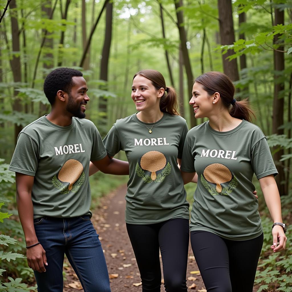 Friends wearing matching morel t-shirts on a hike