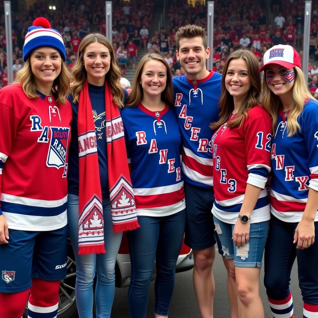 Friends wearing various New York Rangers apparel and accessories