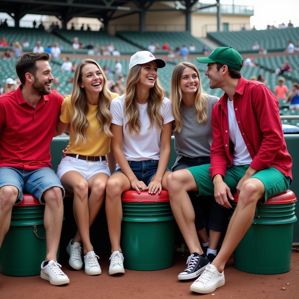 Group of friends enjoying a game with their baseball buckets