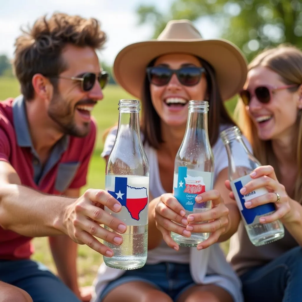 Group of friends with Texas decals on water bottles