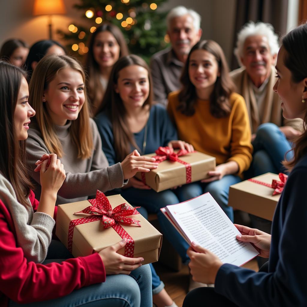 Group of people playing the left right game with wrapped gifts