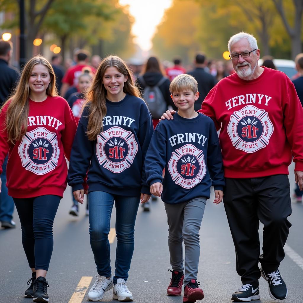 Group of people wearing FDNY 9/11 sweatshirts at a charity walk