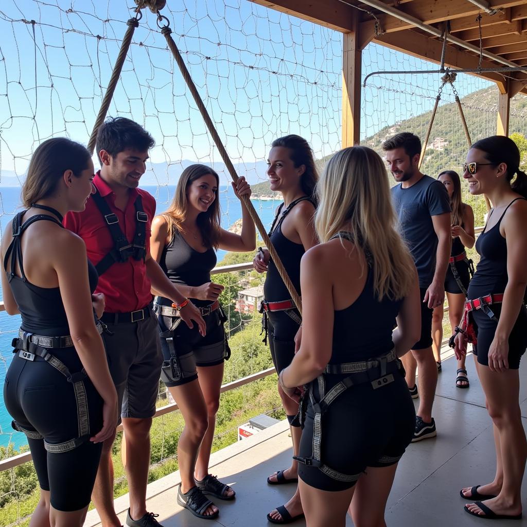 Group Prepares for Bungee Jump in Greece