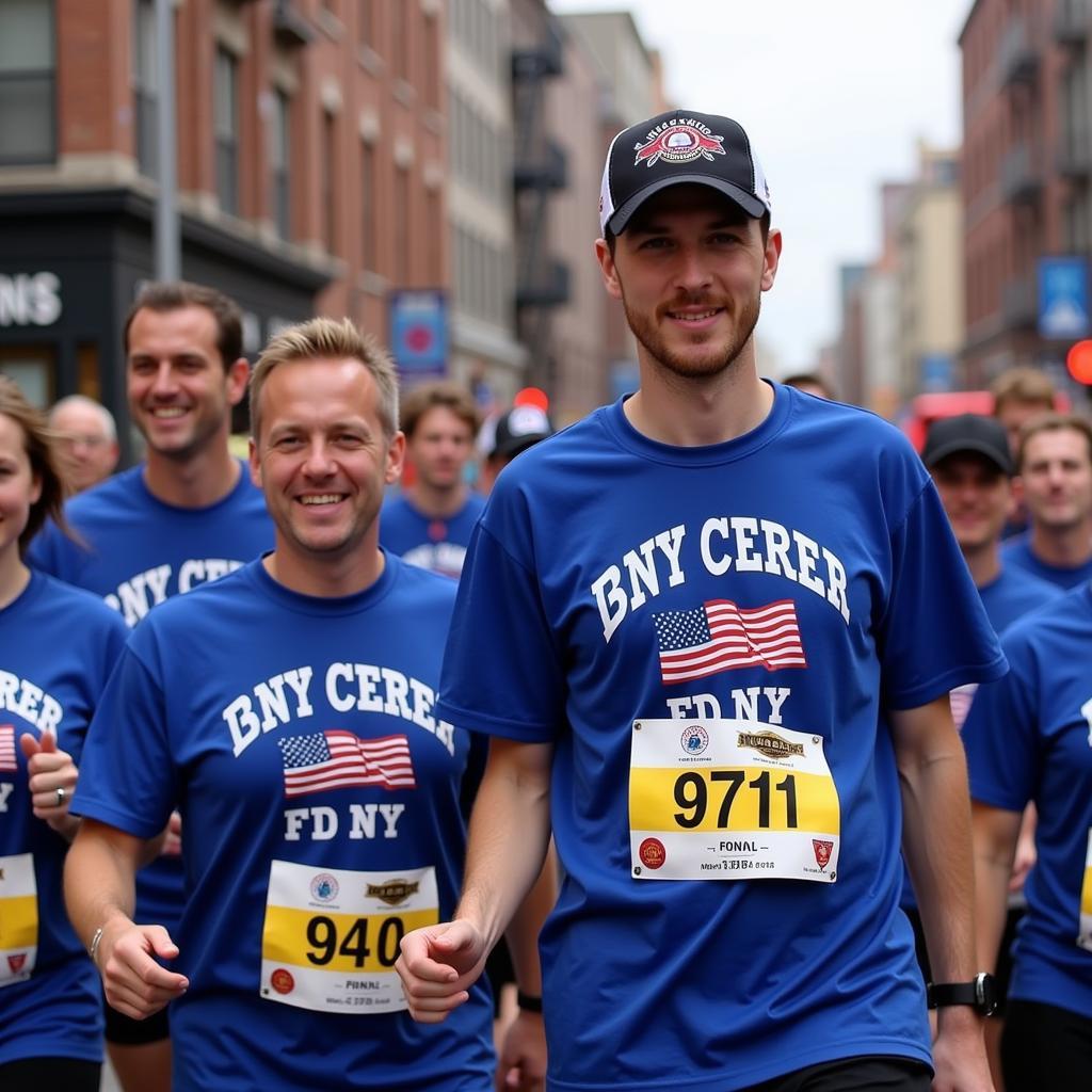 Group of Runners Wearing FDNY 9/11 Shirts at Charity Event