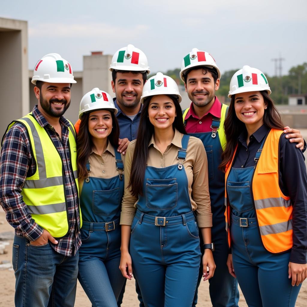 Construction Workers with Mexican Flag Hard Hats