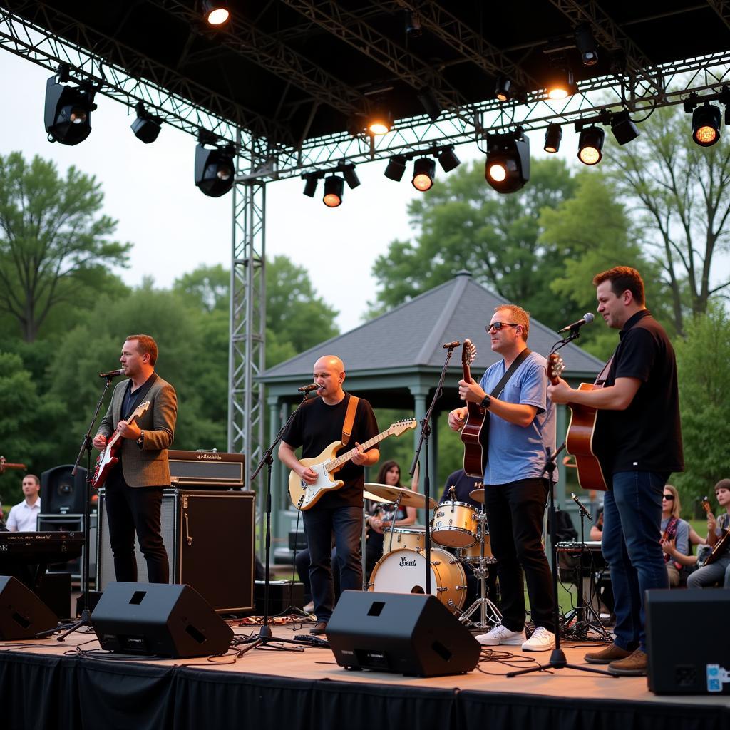 A band performing live on stage at the Guilford Green concert