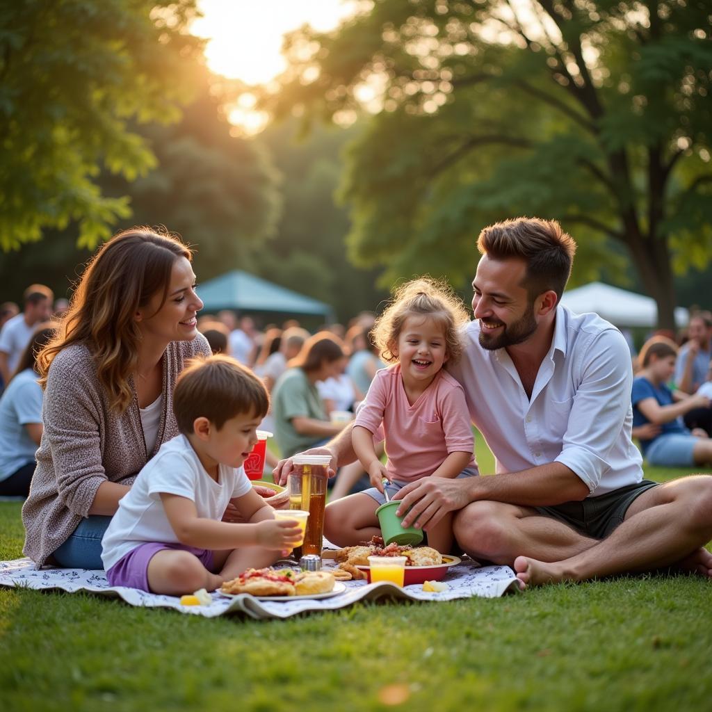 A family enjoying a picnic on the Guilford Green during a concert