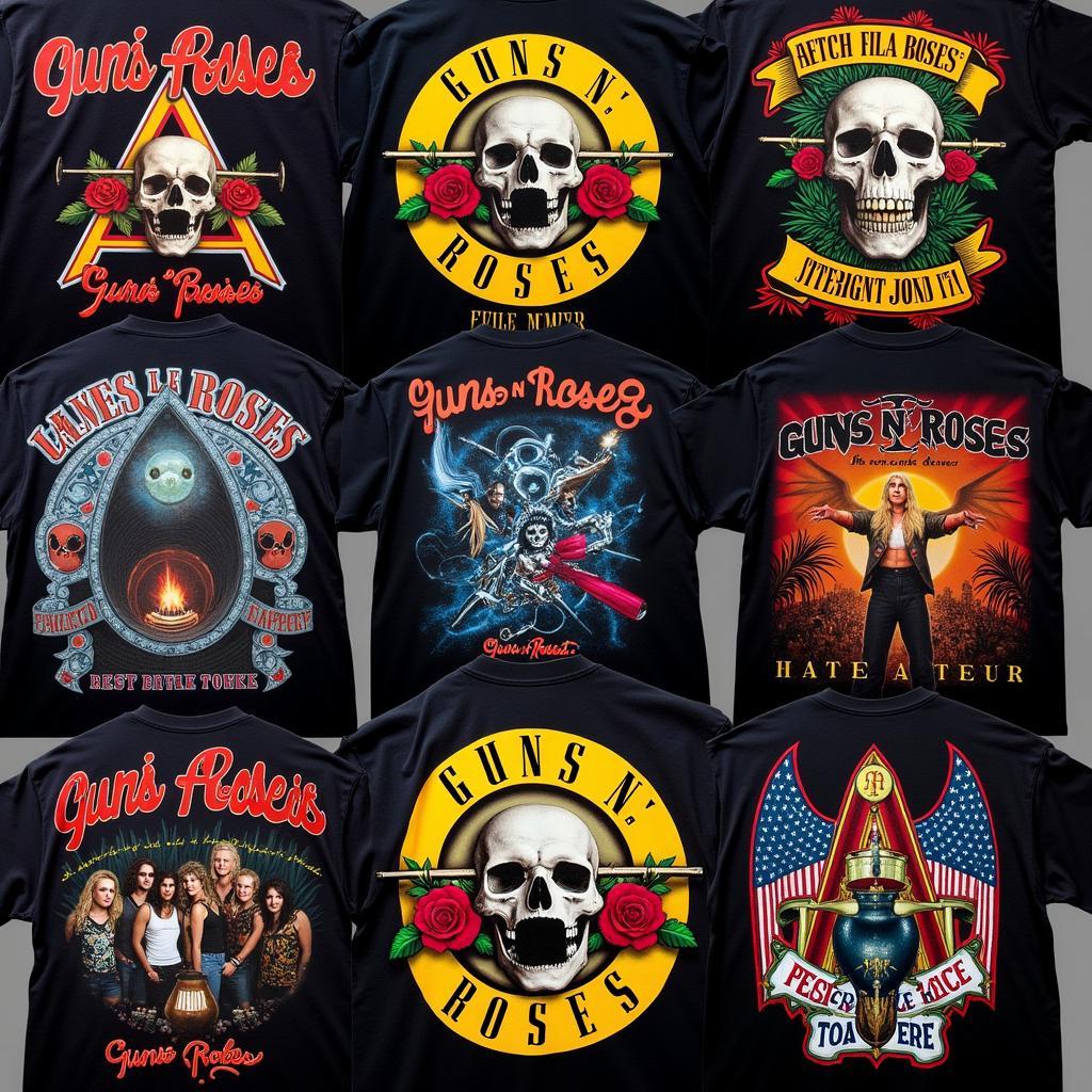 A close-up shot of various Guns N' Roses tour shirt designs, showcasing different graphics and styles