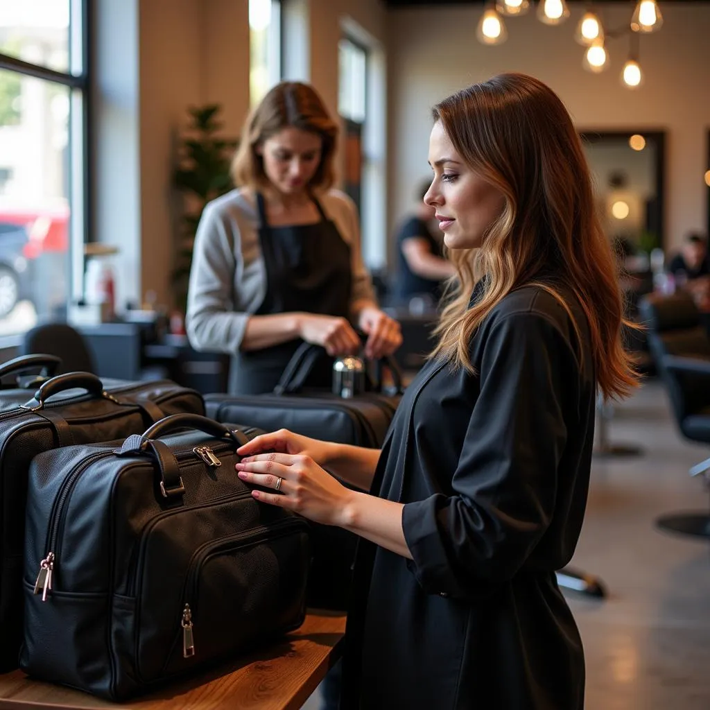 Hairdresser choosing an equipment bag