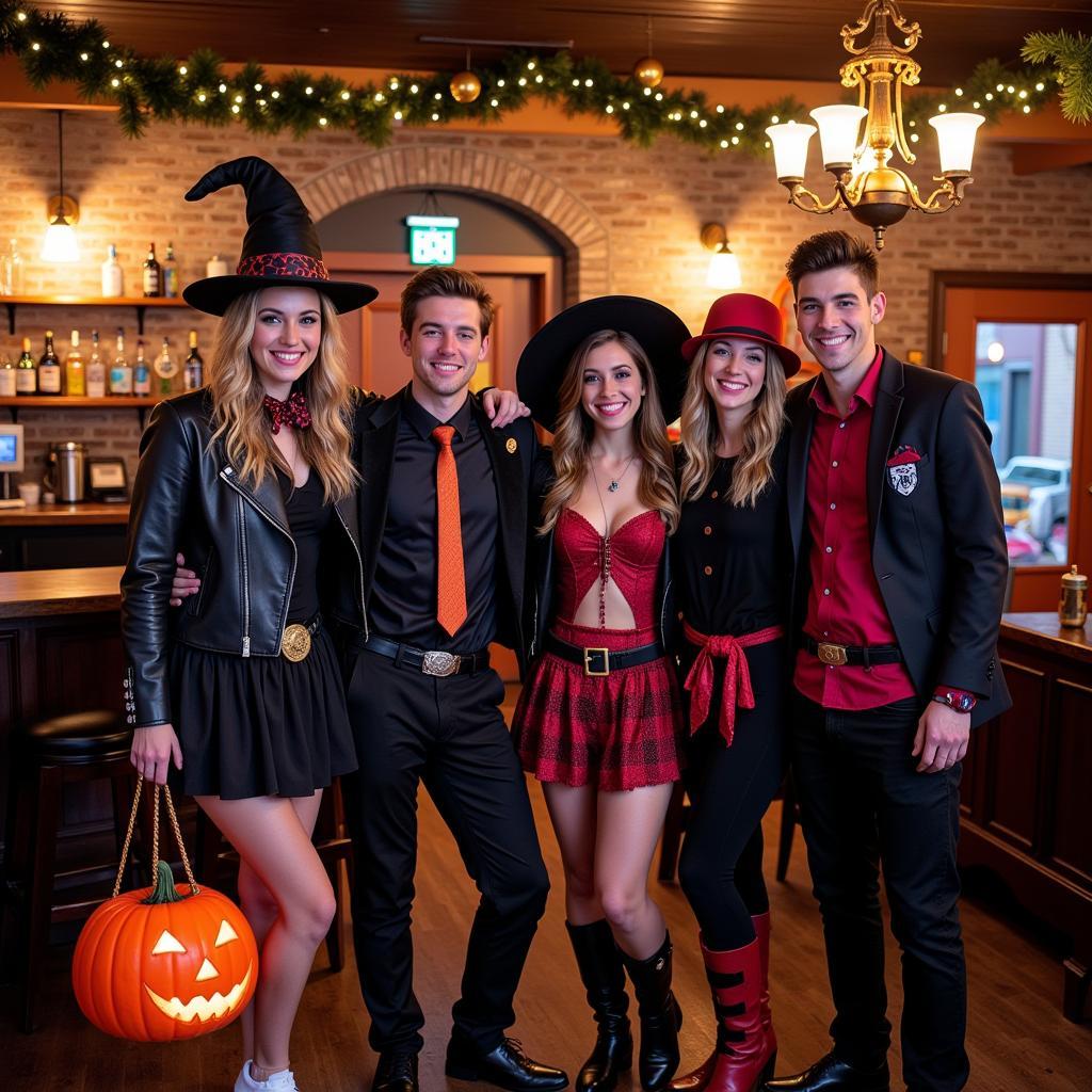 Group of friends in elaborate costumes at a Milwaukee Halloween pub crawl