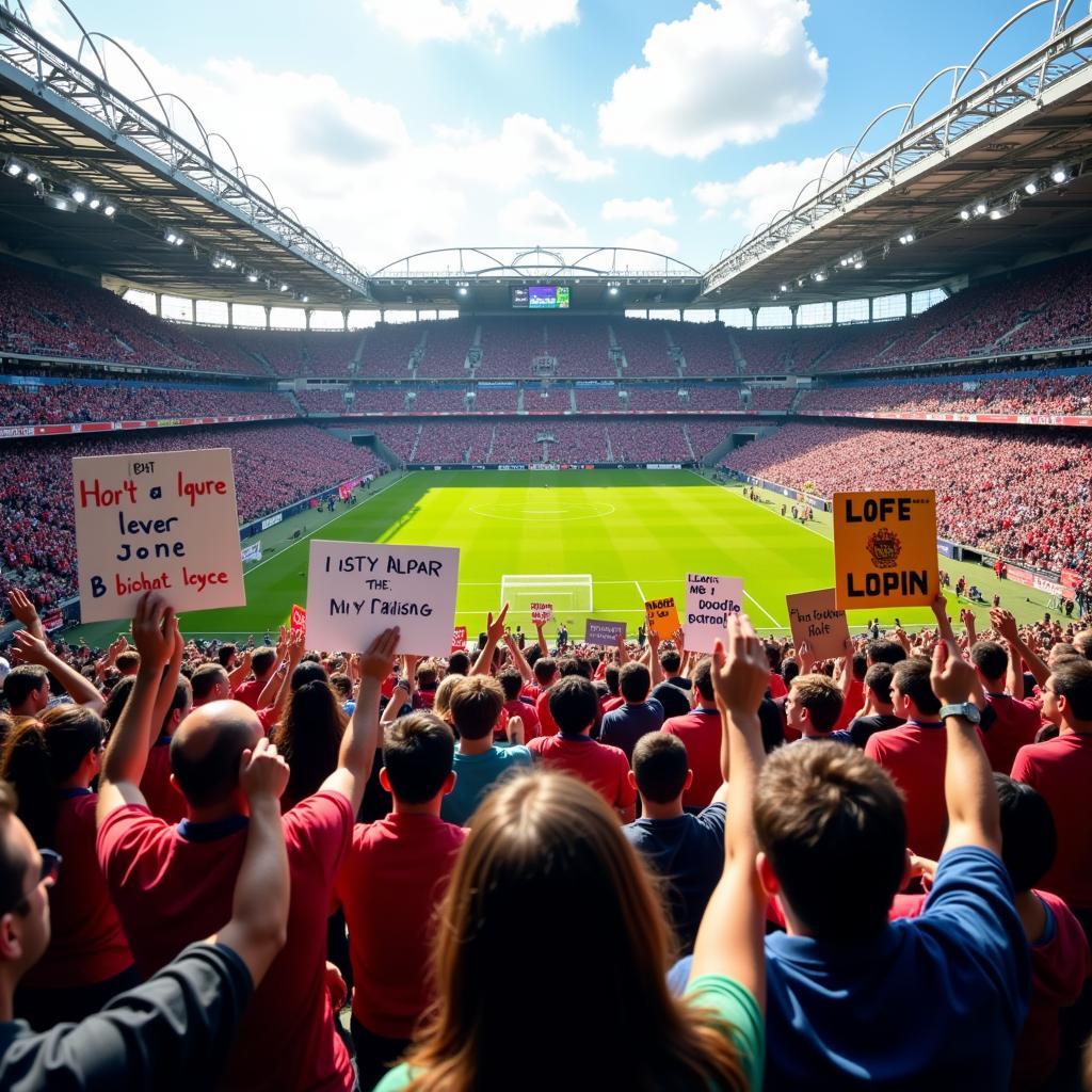 Fans holding up hand held signs in a packed football stadium