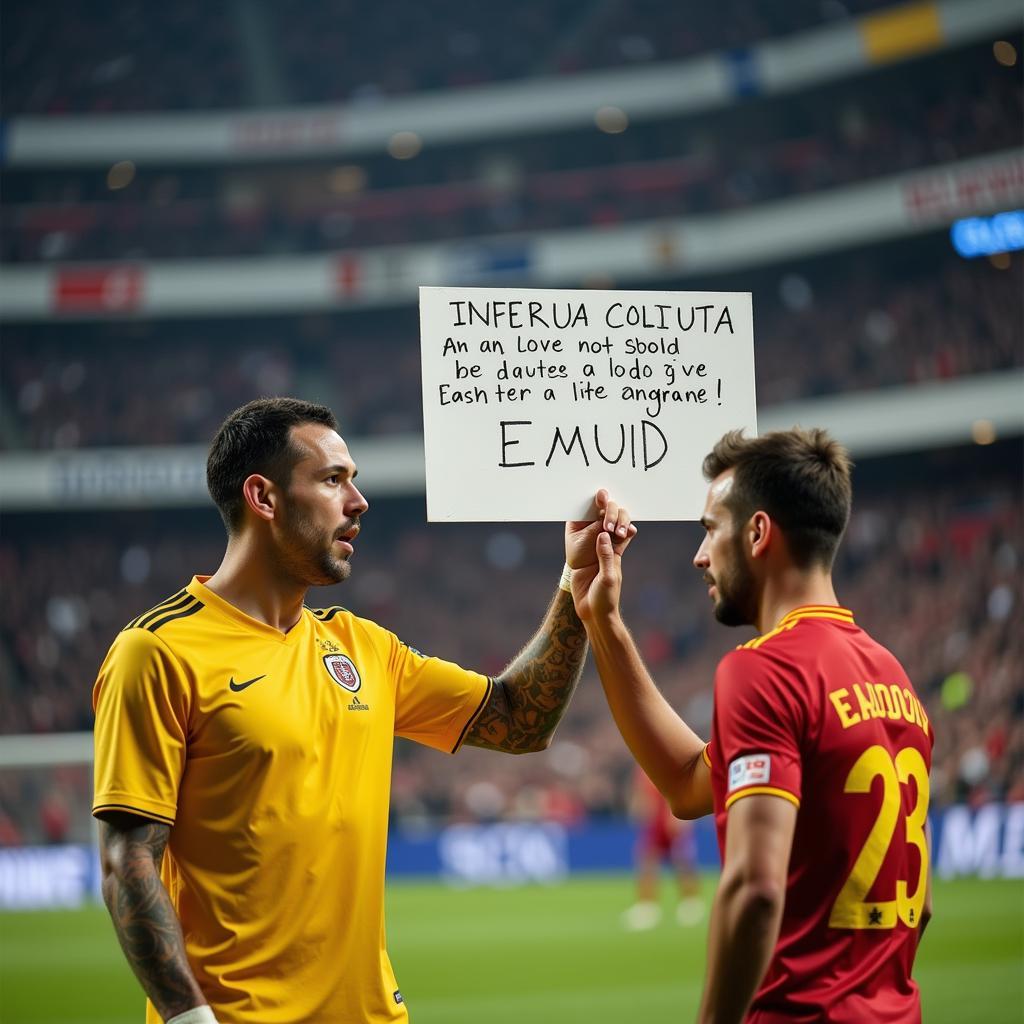 Football players using handheld signs for communication