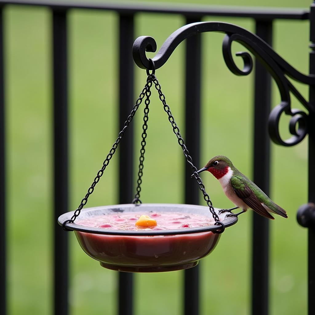 Decorative hanging bird bath suspended from a metal deck railing, attracting a hummingbird in flight