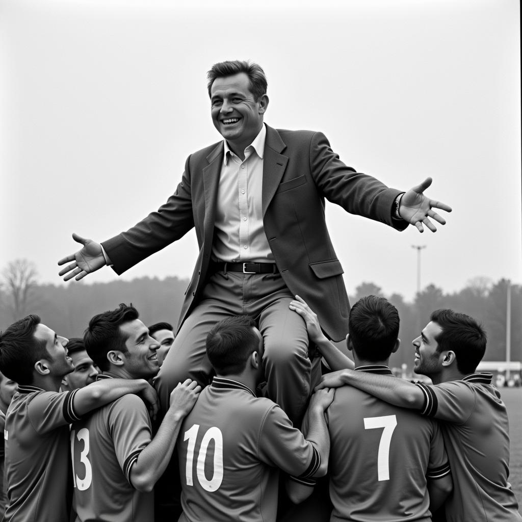 Happel celebrates with players