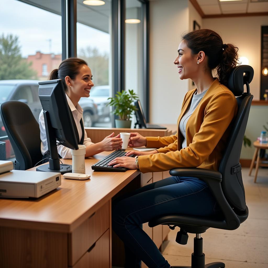 Happy Bank Teller Using an Ergonomic Chair