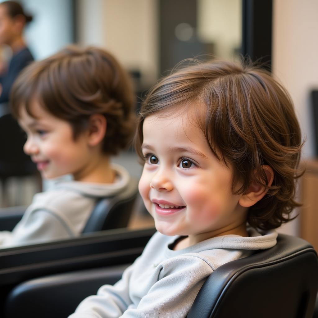 A happy child looks at their reflection with a fresh haircut while seated in a salon booster seat