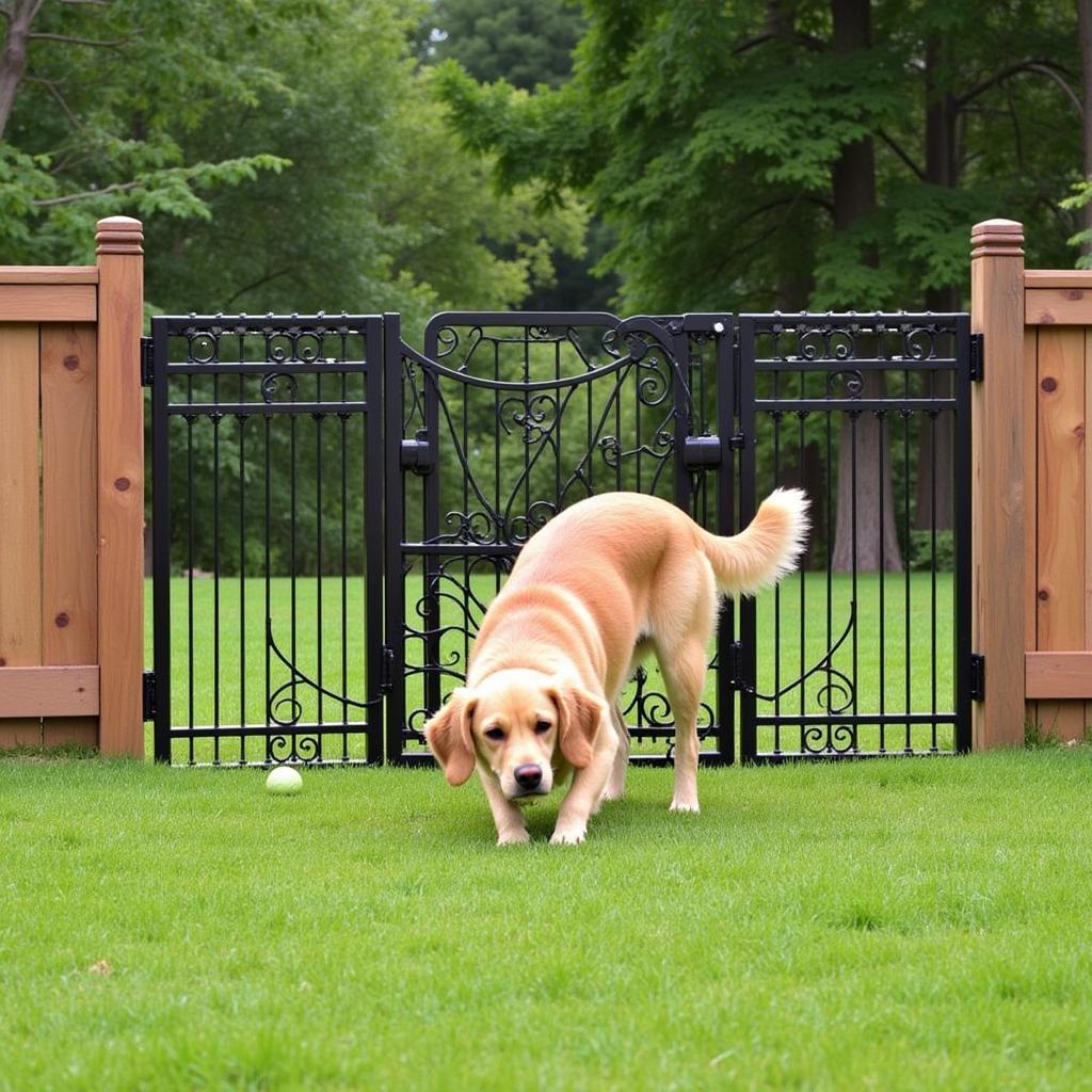 A happy dog playing safely in an enclosed outdoor area with a dog gate