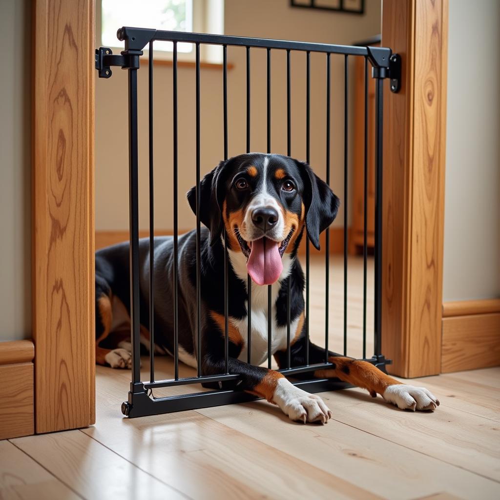 A Happy Dog Secured by a Dog Gate