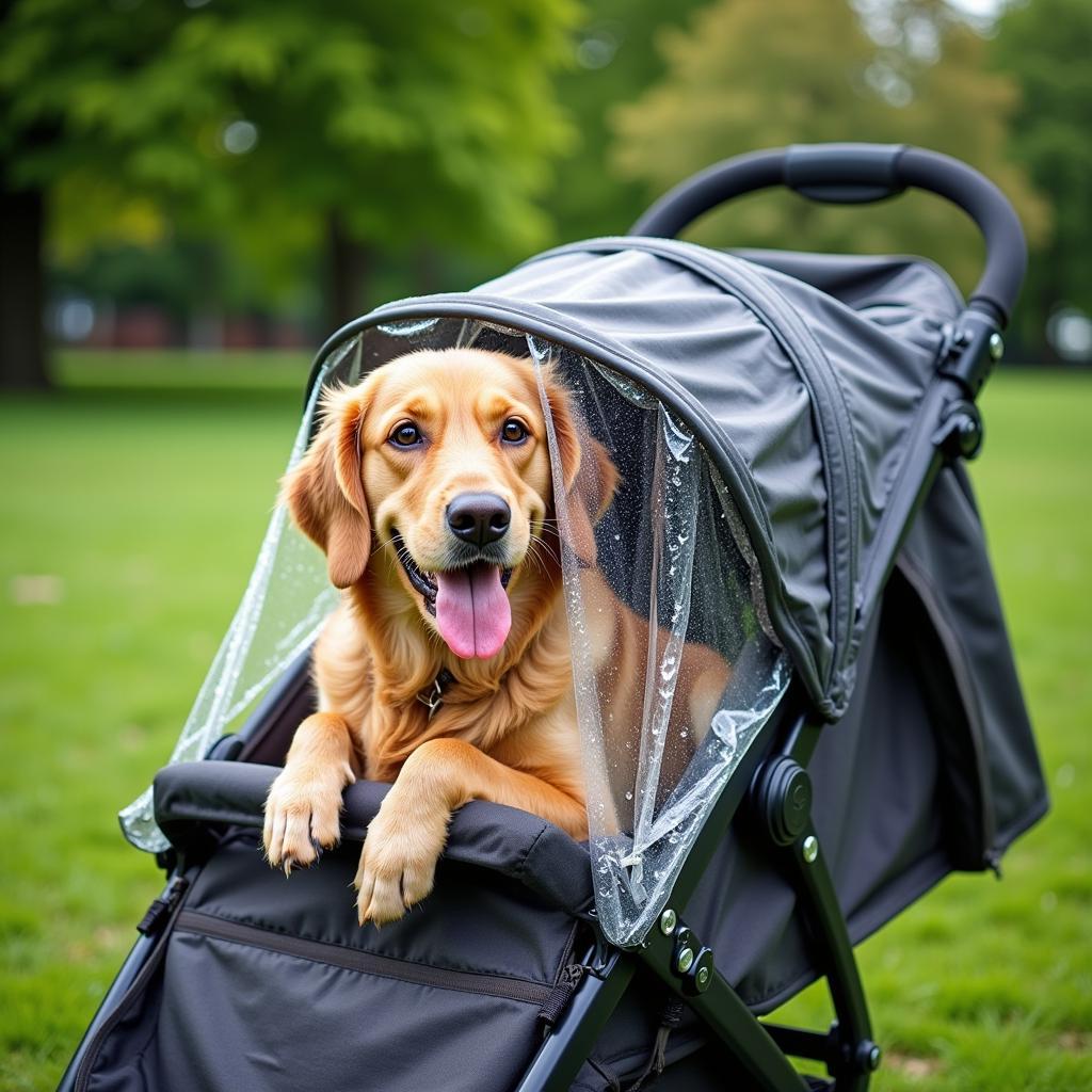 A happy dog enjoys a park stroll in the rain