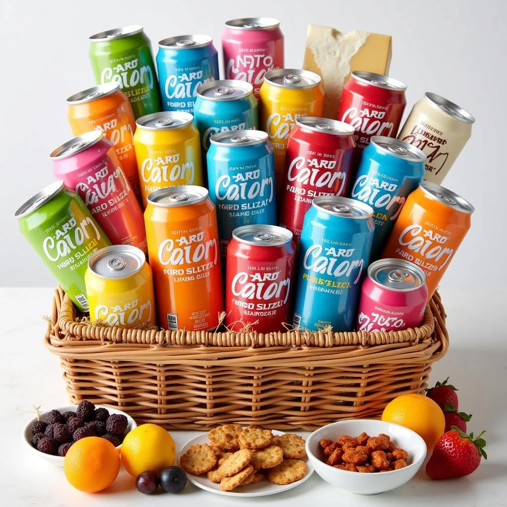 Hard seltzer gift basket with a variety of flavors and snacks